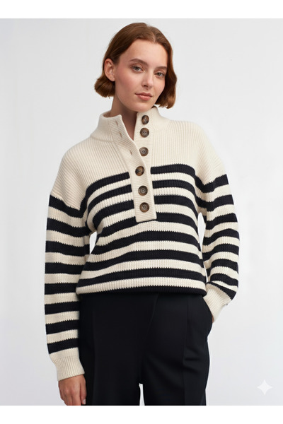 Dilvin 10447 Half Fisherman Buttoned Sweater-Cream-Black