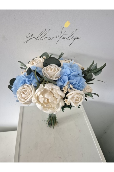 Yellow Tulip Buchet mireasa/ nasa flori sola, hortenise criogenata si verdeata stabilizata