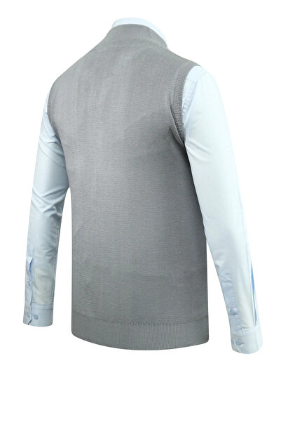 Çizgi Triko Men's Zippered Knitwear Gray Vest Steel Knit Patterned Classic Fit with Pockets - 5209J