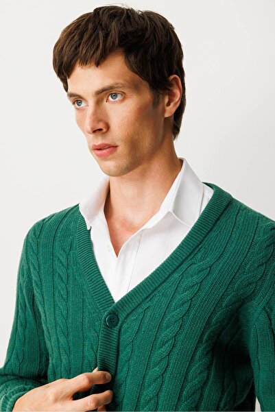 Desen Triko Men's V-Neck Thick Hair Braided Wool Coat Ö.Başı