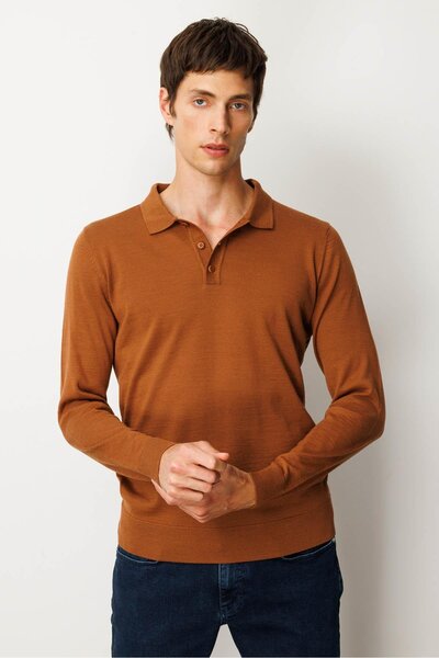 Desen Triko Men's Basic Polo Neck Slim Knit Sweater Brown