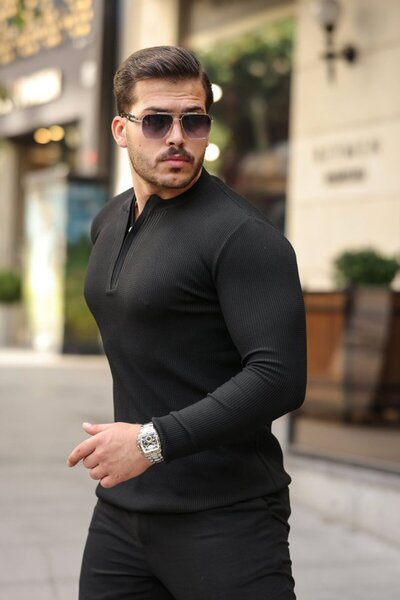 babatr.com Men's Zippered Crew Neck Textured Long Sleeve Knitwear