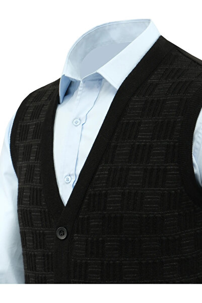 Çizgi Triko Men's Buttoned Vest with Pockets, Crinkled Steel Knit, Classic Fit - 5215L