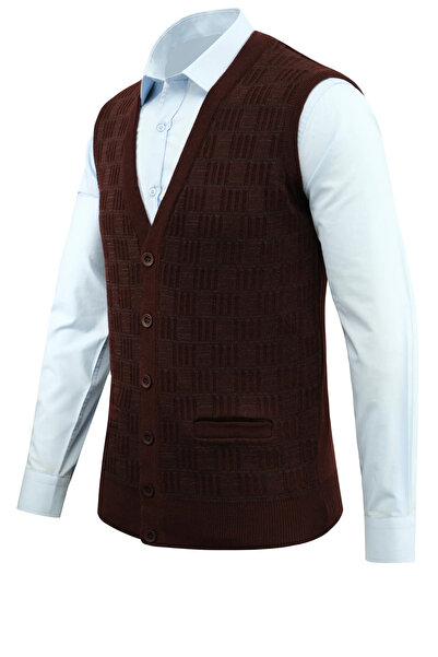Çizgi Triko Men's Buttoned Vest with Pockets, Crinkled Steel Knit, Classic Fit - 5215L