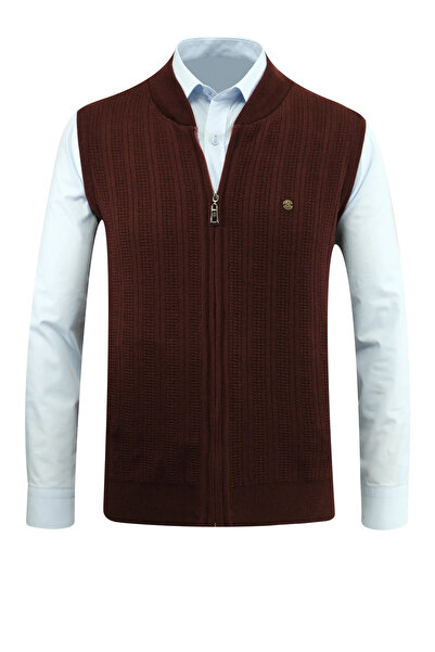 Çizgi Triko Ανδρικό πλεκτό με φερμουάρ Βουργουνδίας γιλέκο με ατσάλινο πλέγμα με μοτίβο κλασικής εφαρμογής με τσέπες - 5209J