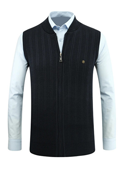 Çizgi Triko Чоловічий трикотажний жилет з блискавкою, синій, з кишенями, класичний крій, з візерунком у вигляді сталевої сітки - 5209J