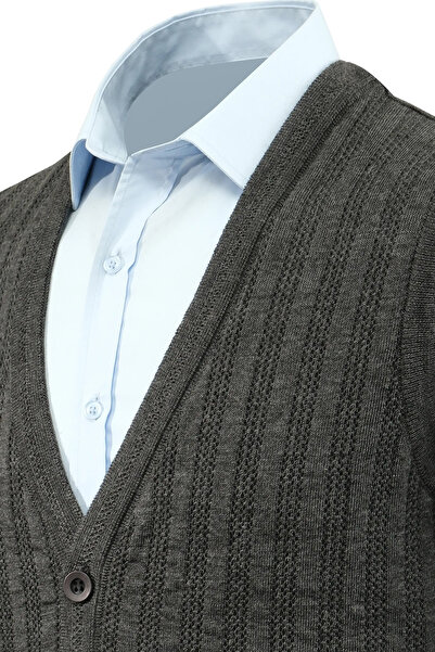 Çizgi Triko Erkek Düğmeli Yelek Cepli Desenli Çelik Örgü Klasik Kalıp - 5203L