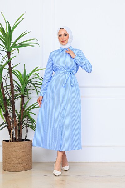 Cochines Γυναικείο Μπλε Σατέν Μακρύ Φόρεμα Τσαμιρό με Λευκές Ρίγες και Ζώνη Τσαμιρό