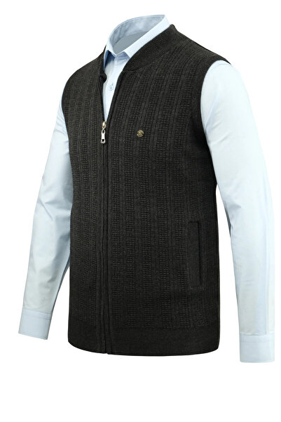Çizgi Triko Men's Zippered Knitwear Dark Gray Vest Steel Knit Patterned Classic Fit with Pockets - 5209J