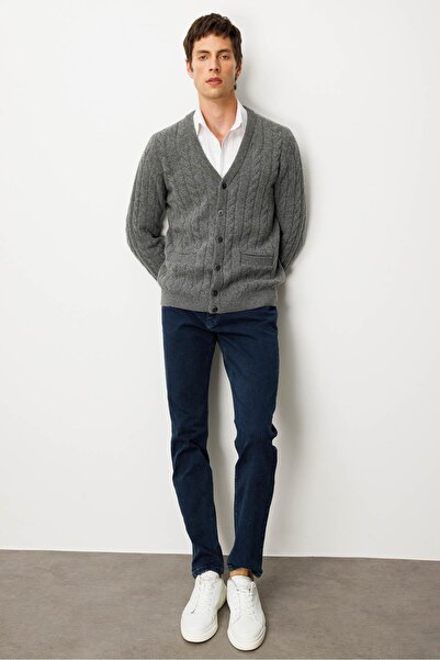 Desen Triko Men's V-Neck Thick Hair Braided Wool Coat Smoked