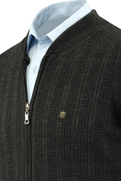 Çizgi Triko Men's Zippered Knitwear Dark Gray Vest Steel Knit Patterned Classic Fit with Pockets - 5209J
