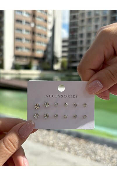 Luz De Viento 6'lı Çelik Zirkon Taşlı Küpe Seti