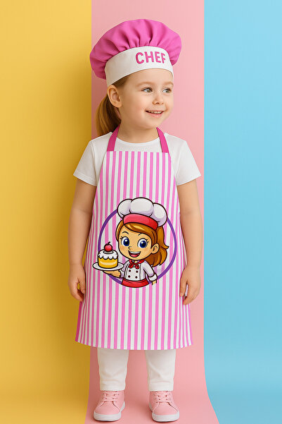 AYSHOME Ays Home Kindergarten Children's Pink Striped Apron and Hat Set