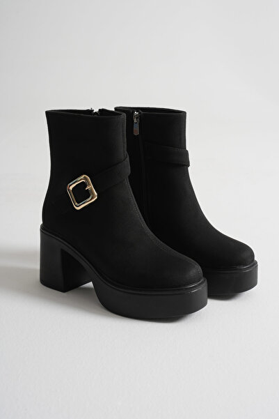 Zerenyus Mona Premium Women's Black Suede Buckle Heeled Boots