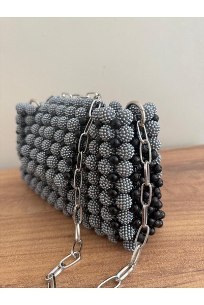 BONİTA Black Gray Beaded Chain Women's Handbag