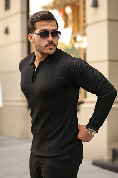 babatr.com Men's Brass Patterned Long Sleeve Collared Knitwear