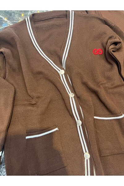 MY QILAM Γυναικείο Σετ Χιτζάμπ Κάτω και Πάνω Μέρος Ριγέ με λαιμόκοψη σε σχήμα V με χρυσό κουμπί Λεπτομερές Ζακέτα Παντελόνι Πλεκτό Σετ Καφέ