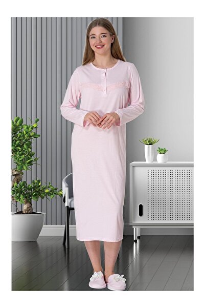 Lohussa Women's Pink Lace Buttoned Long Sleeve Cotton Combed Cotton Plus Size (Oversized) Nightgown