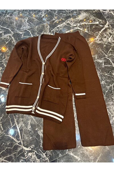 MY QILAM Γυναικείο Σετ Χιτζάμπ Κάτω και Πάνω Μέρος Ριγέ με λαιμόκοψη σε σχήμα V με χρυσό κουμπί Λεπτομερές Ζακέτα Παντελόνι Πλεκτό Σετ Καφέ