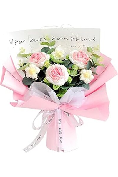 Generic باقة أزوني المحبوكة يدويًا، باقة زهور كروشيه مكتملة، طقم باقة كروشيه، محبوكة