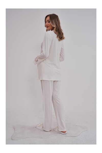 Lohussa Women's Ecru Special Design Lace Long Sleeve Cotton Maternity Pajama Set