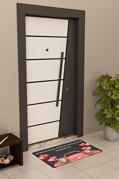 Dormot Yüksek Kaliteli Dijital Baskı Siyah, Arabalı Ayıcıklar, Stres Yasak temalı Kapı Önü Paspası