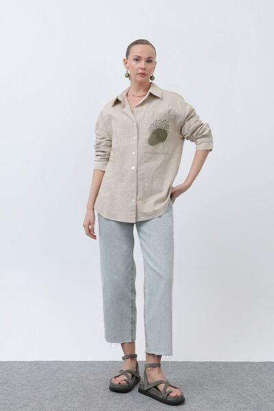 Byelmira Women's Pocket Embroidered Linen Shirt Beige