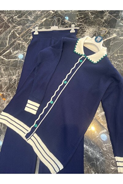 MY QILAM Γυναικείο Σετ Χιτζάμπ Πουκάμισο με ριγέ λαιμόκοψη και λεπτομέρεια με κουμπιά Πλεκτό σετ Ναυτικό μπλε