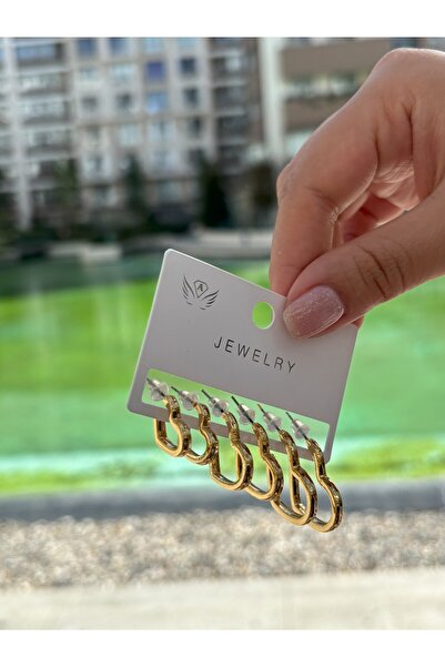 Luz De Viento 6'lı Kalp Gold Kadın Küpe 3 Farklı Boy Küpe