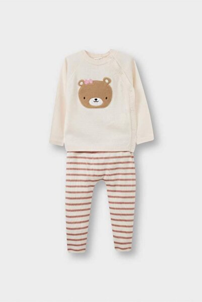 DeFacto Baby Girl 2-Piece Set Bear Printed Knitwear Buttoned Cardigan Striped Bottom (25 Wn)