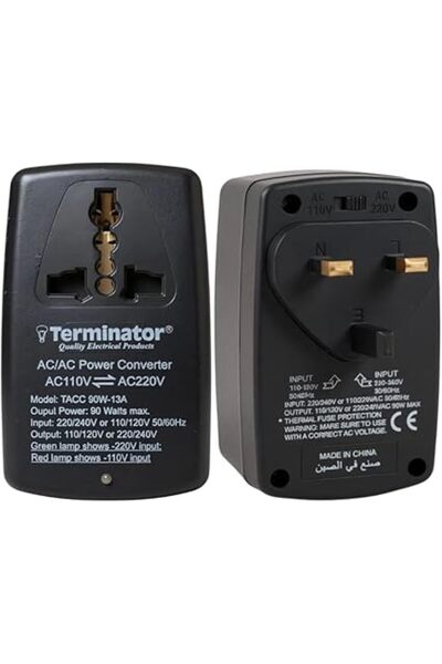 Generic محول جهد تصاعدي/تنازلي 90 واط من Terminator، 110 فولت/220 فولت، مقبس عالمي، قابس من النوع G، فولت