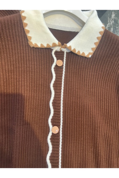 MY QILAM Women's Hijab Top and Bottom Set Shirt Collar Striped Button Detailed Knitwear Set Brown