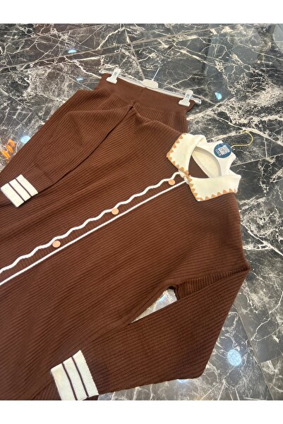 MY QILAM Γυναικείο Σετ Χιτζάμπ Πουκάμισο με ριγέ λαιμόκοψη και λεπτομέρεια με κουμπιά Πλεκτό Σετ Καφέ