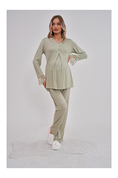 Lohussa Women's Pistachio Green Special Design Lace Long Sleeve Cotton Maternity Pajama Set