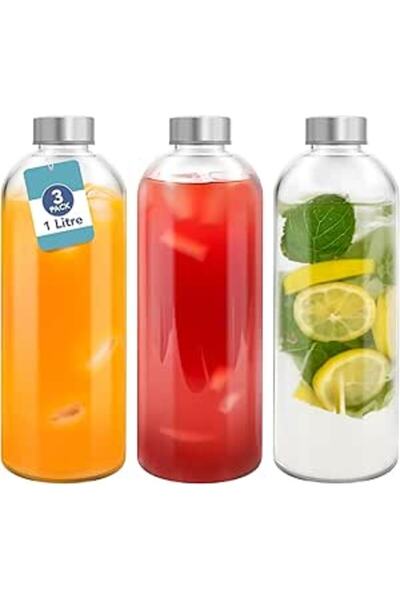 Generic Premify Clear Glass Bottles with Lids 32oz /1L– 3 Pack Empty Reusable Glass Water Bottles, Stainle