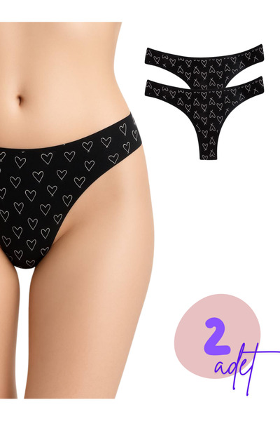 LİBELLA İÇ GİYİM Women's Black Heart Patterned Cotton Lycra Brazilian Thong Panties 2-Pack