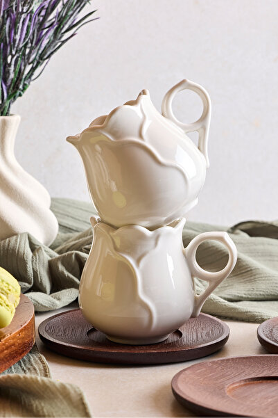 Perotti Dark Gül Yaprağı 6'lı Akasya Tabaklı Modern Porselen Kahve Fincanı Seti