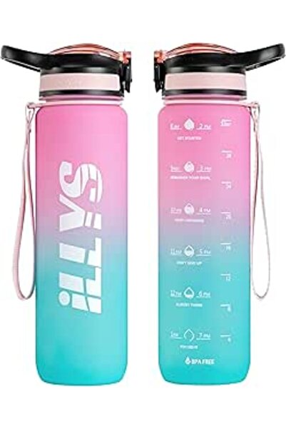 Generic Water Bottle 1L / 32oz with Motivational Time Marker Straw Strainer SK Tritan Plastic BPA Free Sport