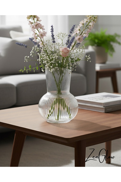 ZenGlow Dekoratif Vazo | Saydam Cam Şeffaf Çiçeklik Modern Şık Salon Masa ve Ev Aksesuar 17 CM
