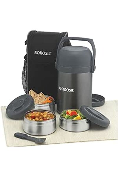 Generic Borosil - Hot-N-Fresh Stainless Steel Insulated Lunch Box, Set of 3 (1pcs 350 ml + 2pcs 420 ml), Bla