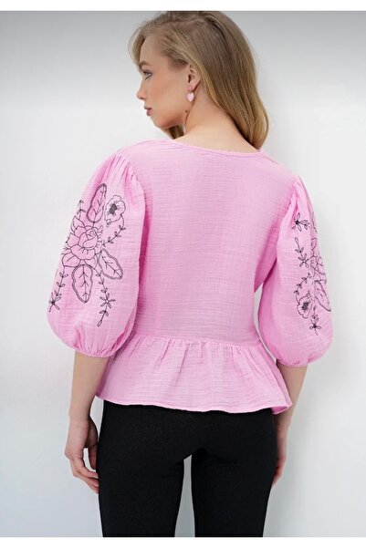 hedef giyim Embroidered Tie-Up Muslin Blouse