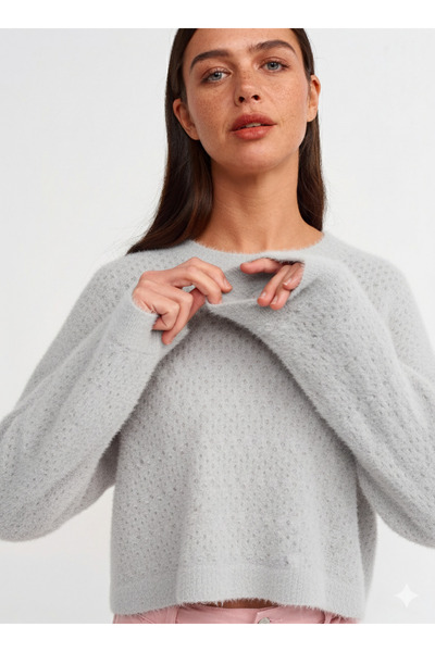 Dilvin 10351 Crew Neck Openwork Pattern Sweater-Grey