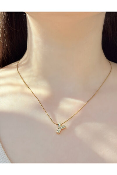 GİS JEWELRY Steel Gold Stone'Y' Letter Necklace