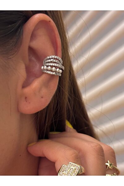 Butik Çelik Silver Taşlı incili Kaburga Ear Cuff