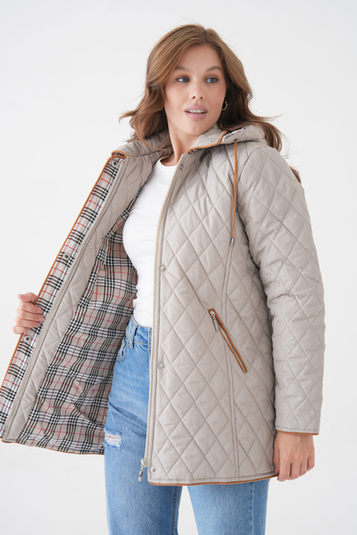 Butik Plus Size Hooded Seasonal Quilted Coat with Plaid Inside and Snap Detail - Slim Fit
