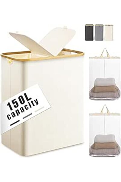 Generic 150L Large Laundry Basket with Double Compartment - Foldable Oxford Fabric Hamper with Dustproof Lid