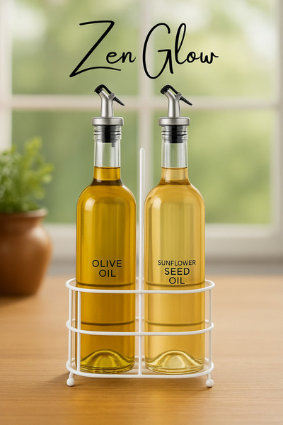 ZenGlow Lüx Şık 2'li Beyaz Demir Standlı Damlatmaz Tıpa/ Kapak Şeffaf Cam Yağlık Yağdanlık 750 ml