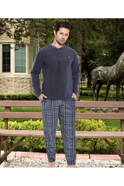 Pijaman Erkek Gri Uzun Kollu Düğmeli Yaka Ekoseli Pijama Takımı