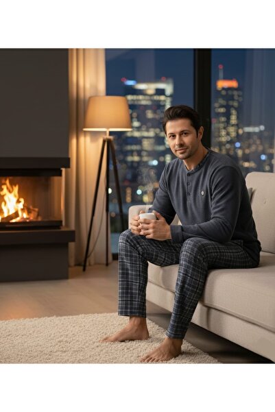 Pijaman Erkek Gri Uzun Kollu Düğmeli Yaka Ekoseli Pijama Takımı