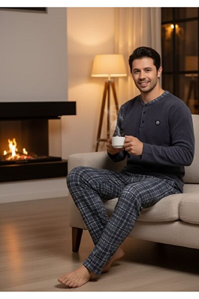 Pijaman Erkek Gri Uzun Kollu Düğmeli Yaka Ekoseli Pijama Takımı